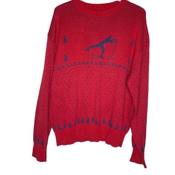 Vintage 80s Winona Knits Skiing Sweater XL Red Made in USA Preppy Crew Neck - Picture 1 of 5